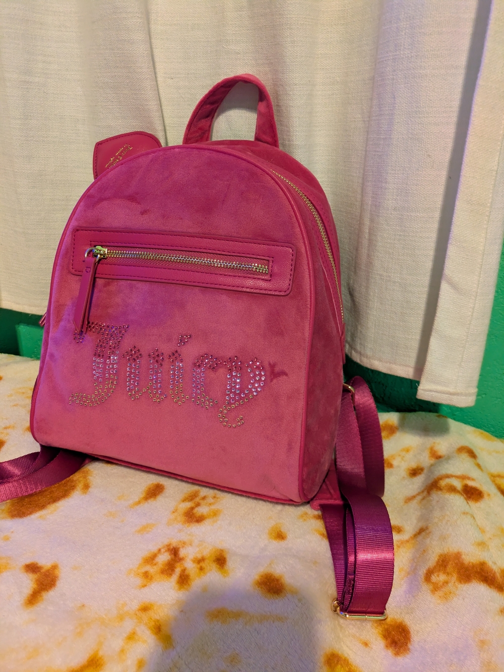 Juicy Couture Raspberry Tart Velvet Rhinestone Logo Small Backpack - Picture 3 of 14